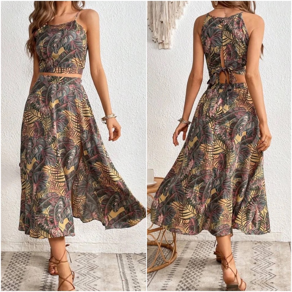 Boho Floral Tropical Print Crop Top Midi Skirt Set - Picture 1 of 3